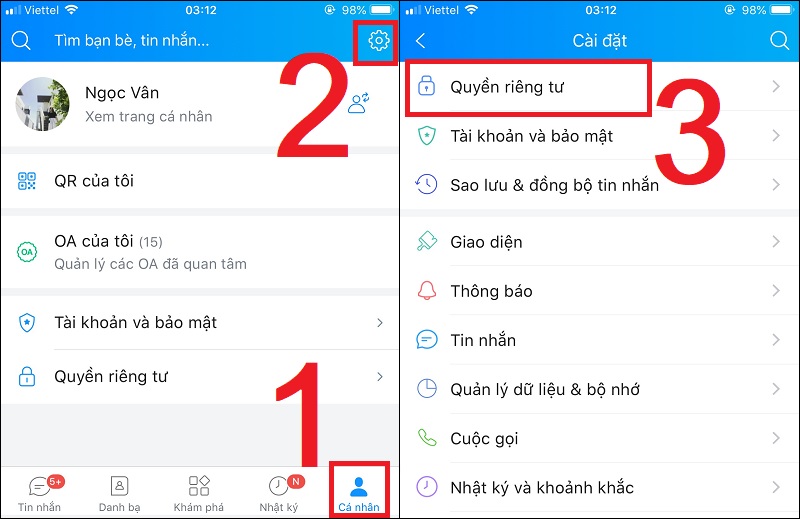 Vào mục Quyền riêng tư trong ứng dụng Zalo