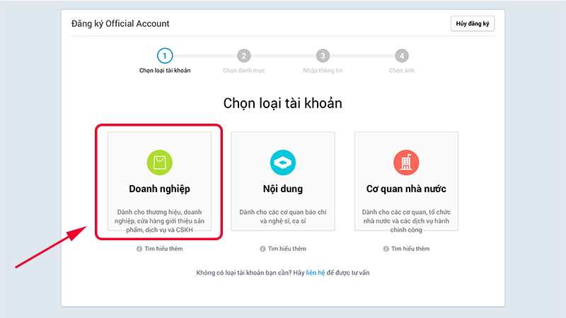 Chọn loại tài khoản dành cho Doanh nghiệp