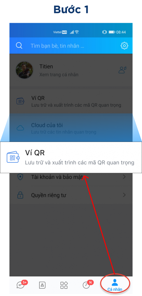 Mở ví qr trên Zalo tại mục Cá nhân