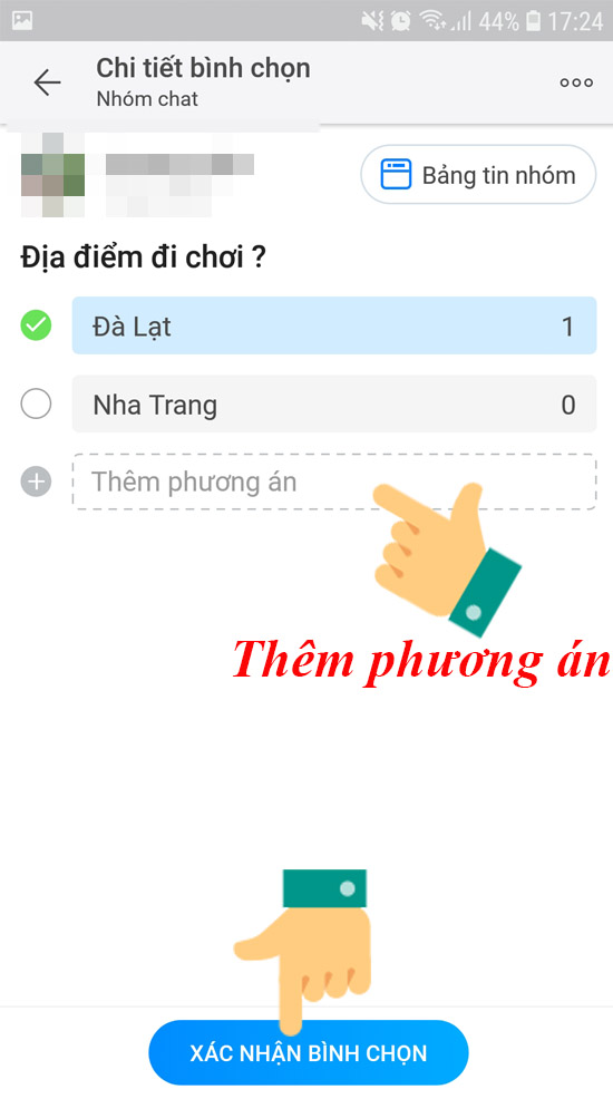 Thêm phương án và "Xác nhận bình chọn"