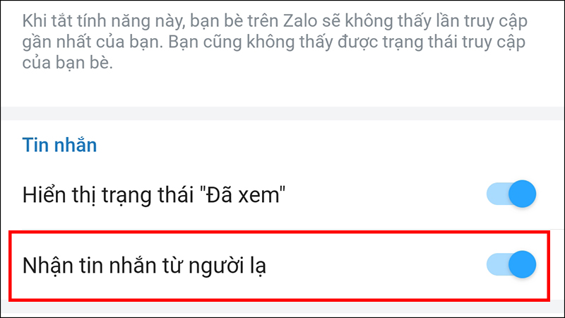 Tắt tính năng Nhận tin nhắn từ người lạ