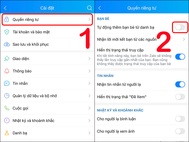 Tắt chế độ tự động kết bạn Zalo từ danh bạ