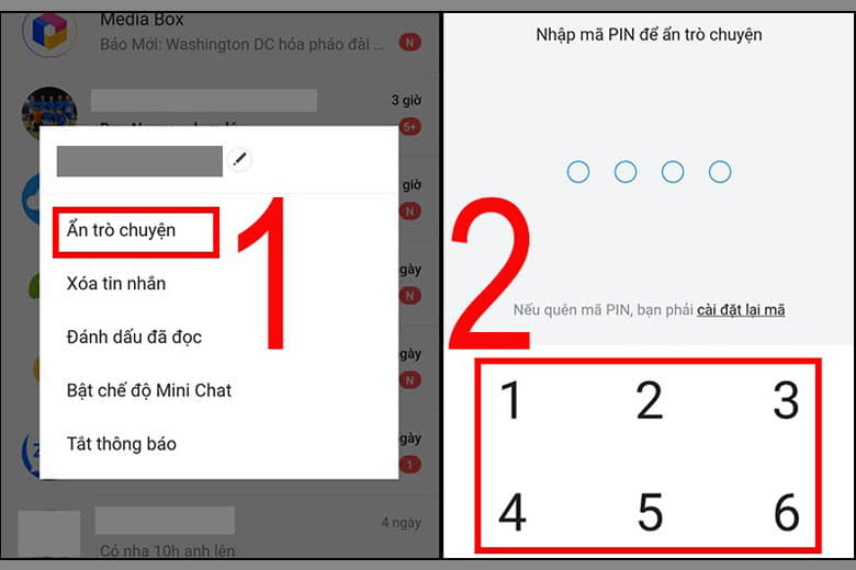 Nhập mã PIN hoặc đặt lại mã PIN để Ẩn trò chuyện trên Zalo
