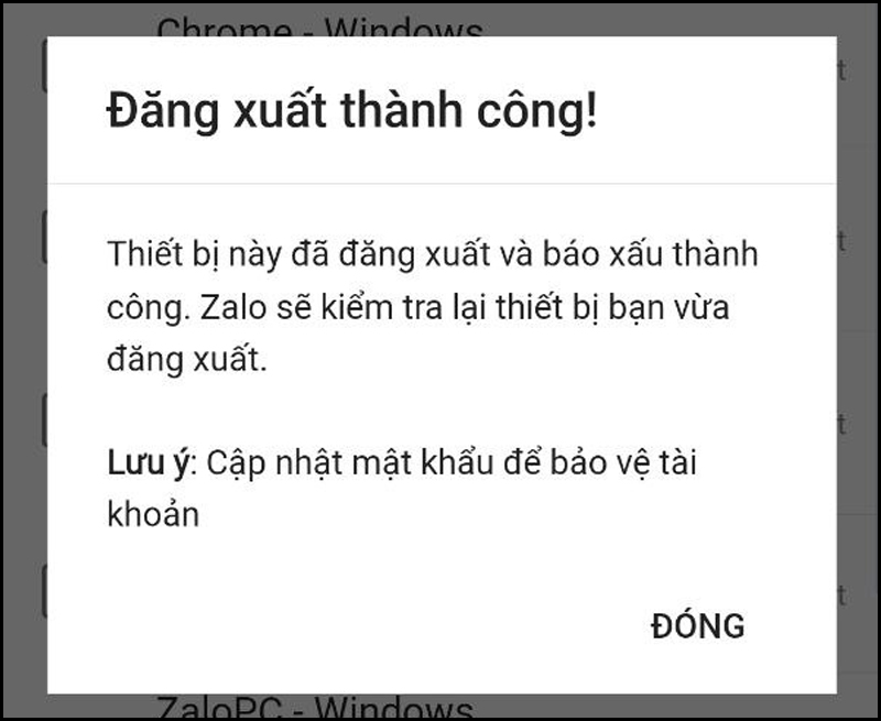 Thông báo đăng xuất và báo xấu thiết bị thành công