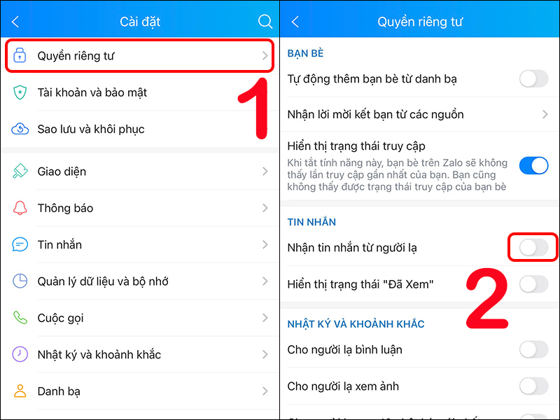 Tắt tính năng Nhận tin nhắn Zalo từ người lạ