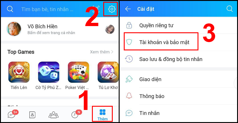 Mở Cài đặt trong ứng dụng Zalo sau đó chọn Tài khoản và bảo mật