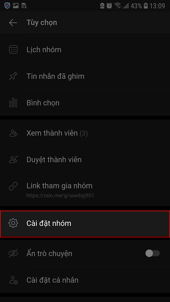 Chọn vào biểu tượng bánh răng để mở phần cài đặt nhóm