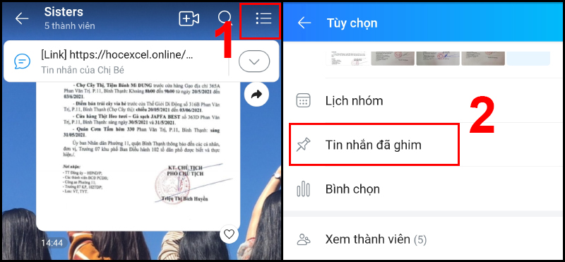 Truy cập vào Bảng tin nhóm bằng cách chọn Tin nhắn đã ghim trong mục Tùy chọn