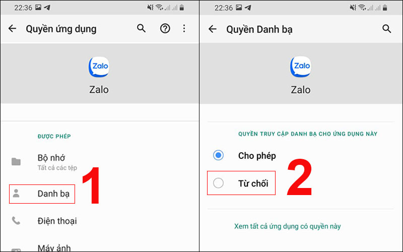 Chọn từ chối để tắt quyền truy cập danh bạ Zalo