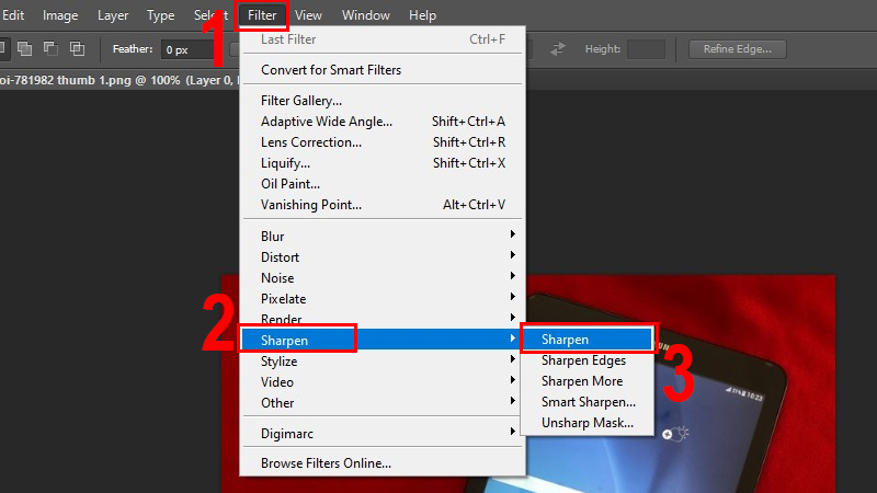 Chọn Sharpen trong Filter để làm rõ nét ảnh