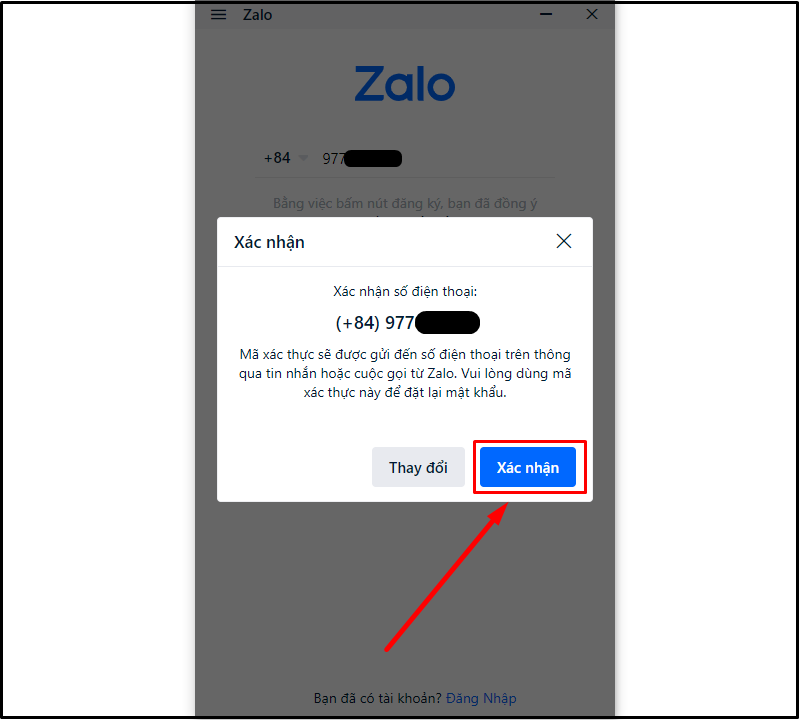 Bấm Xác nhận và nhận mã OTP xác thực số điện thoại