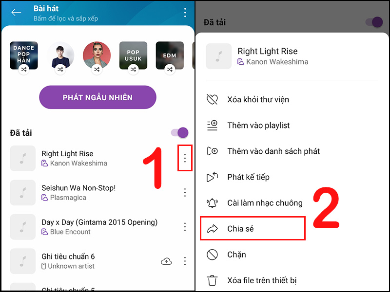  Nhấn chọn dấu 3 chấm của bài hát muốn chia sẻ và chọn Chia sẻ