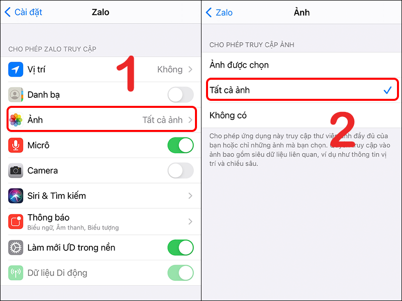 Cấp quyền truy cập Ảnh cho Zalo trên iPhone