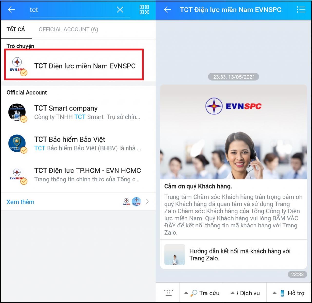 Mở Zalo, tìm kiếm TCT điện lực khu vực bạn sống