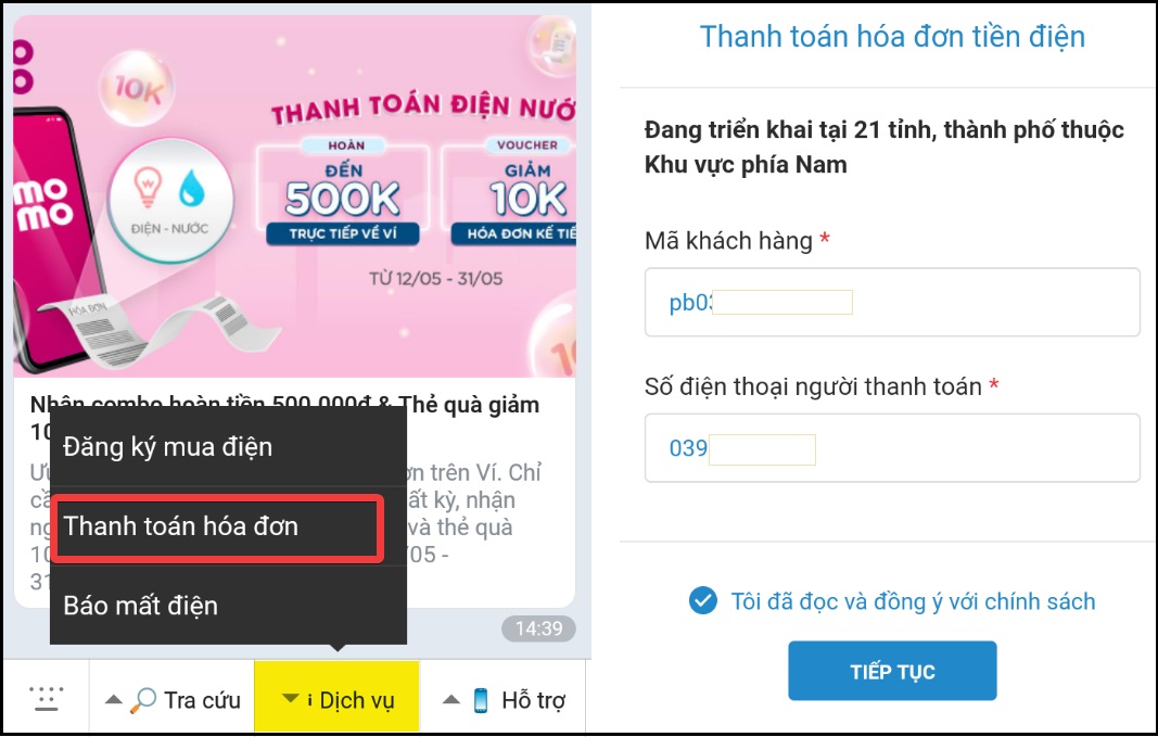 Thanh toán tiền điện ở mục Dịch vụ > Thanh toán hóa đơn