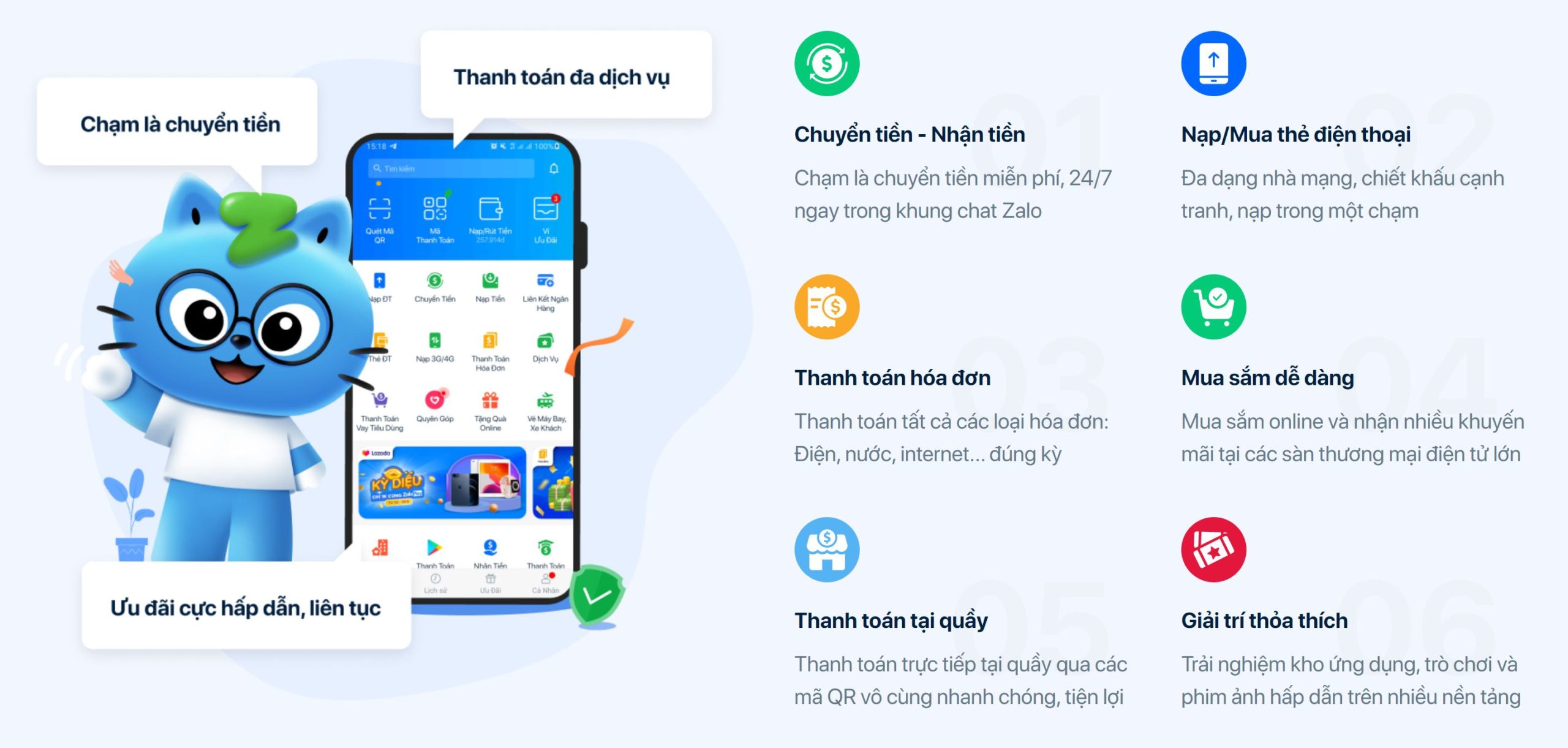 Dịch vụ nổi bật ứng dụng thanh toán Zalo Pay