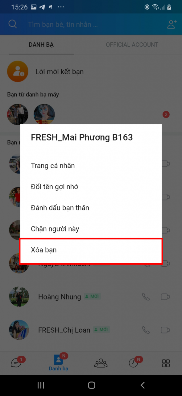 Nhấn giữ tên người bạn cần xóa