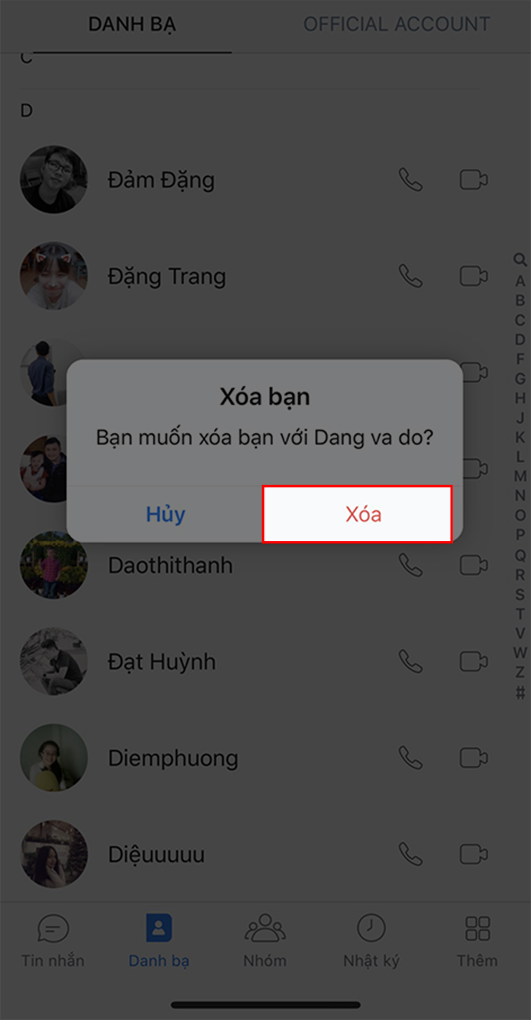 Chọn Xoá để xoá bạn bè