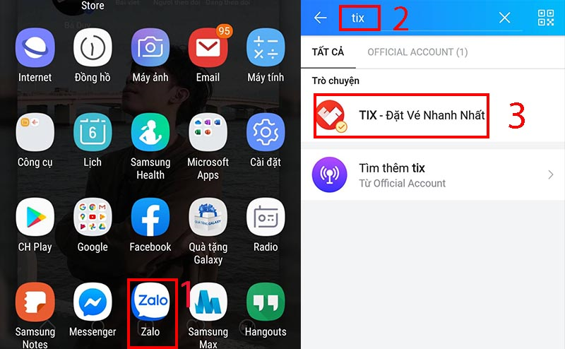 Chọn Zalo > Gõ tik > Click TIX - Đặt Vé Nhanh Nhất