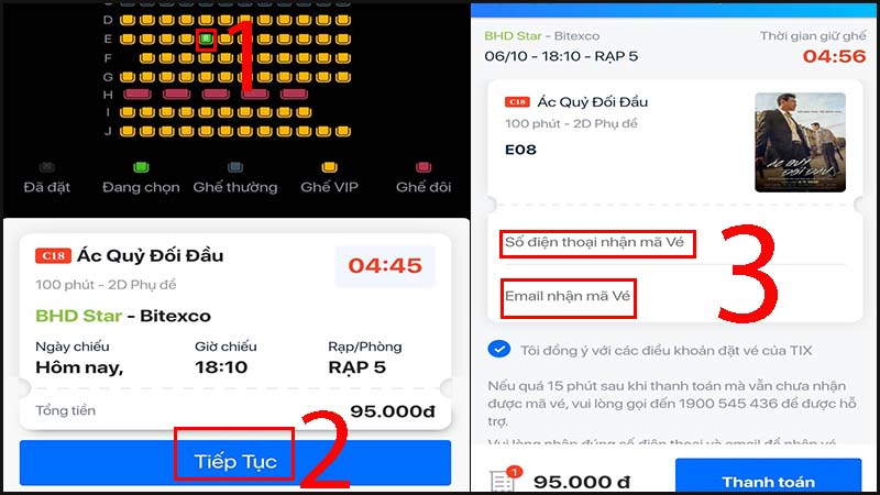 Chọn rạp phim và thời gian bạn muốn xem>Chọn vị trí ngồi>Thanh toán