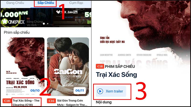 Chọn phim sắp chiếu > Chọn phim > Chọn xem trailer