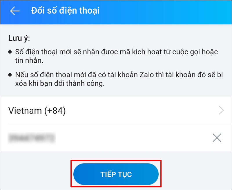 Chọn Tiếp tục tại mục Đổi số điện thoại