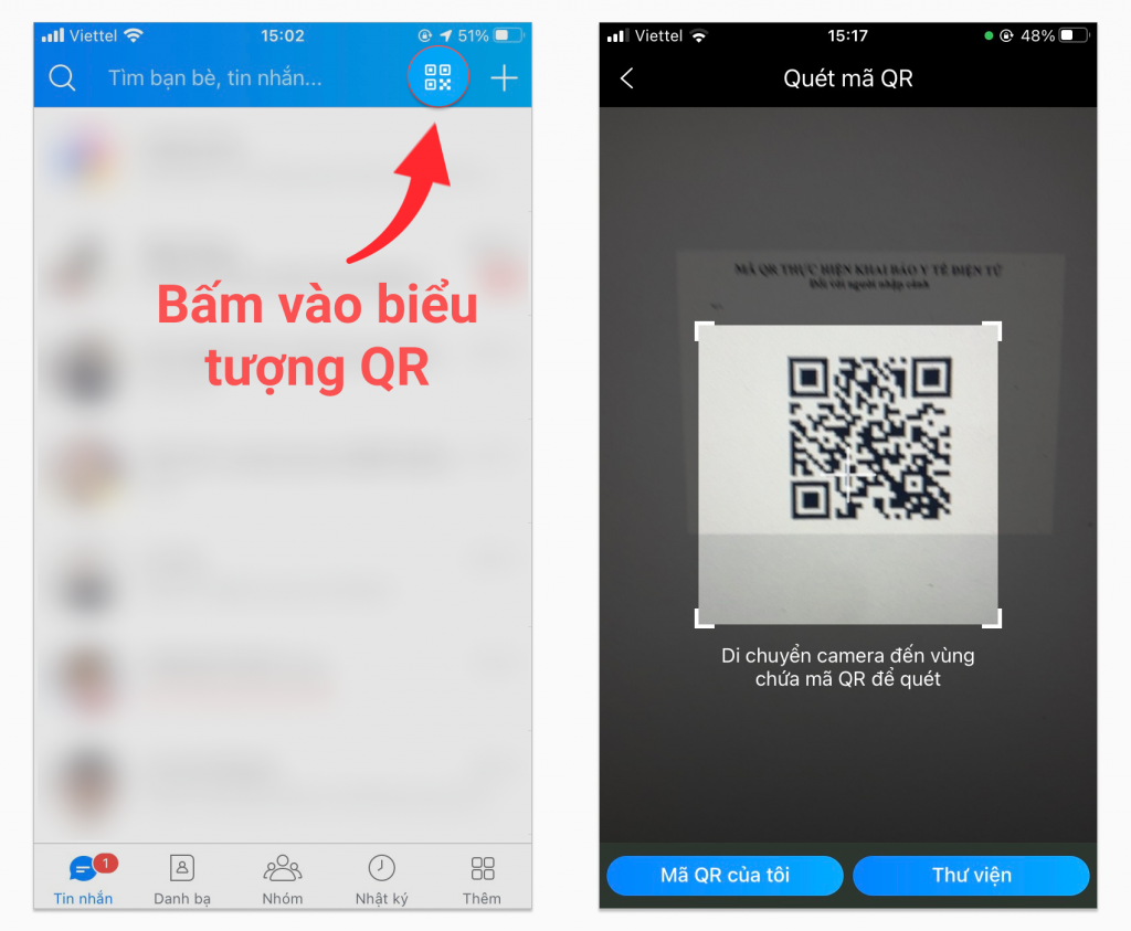 bấm vào biểu tượng QR để khai báo y tế trên Zalo