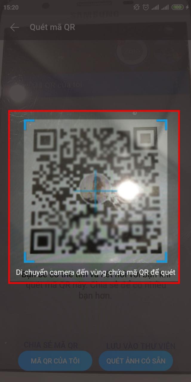 Di chuyển mã QR Zalo lọt vào khung camera