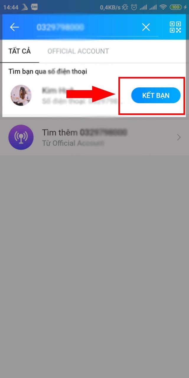 Nhập số điện thoại và nhấn kết bạn