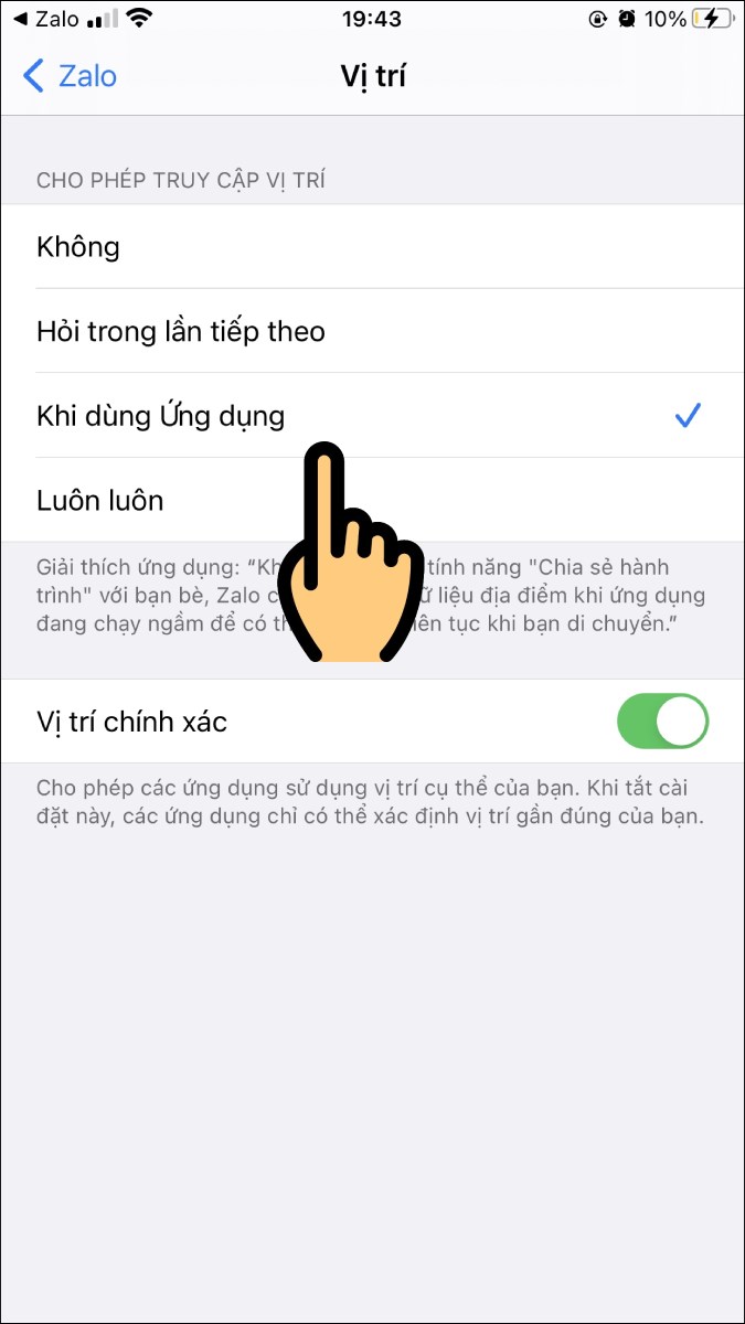 Tick chọn Khi dùng ứng dụng