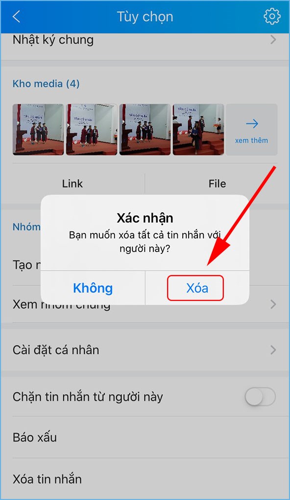 Xác nhận xóa đoạn hội thoại trong ứng dụng Zalo