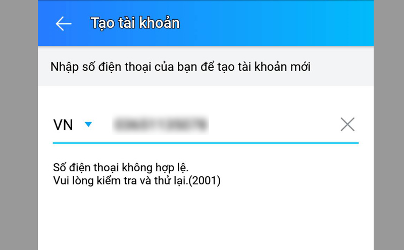 Thông báo số điện thoại không hợp lệ