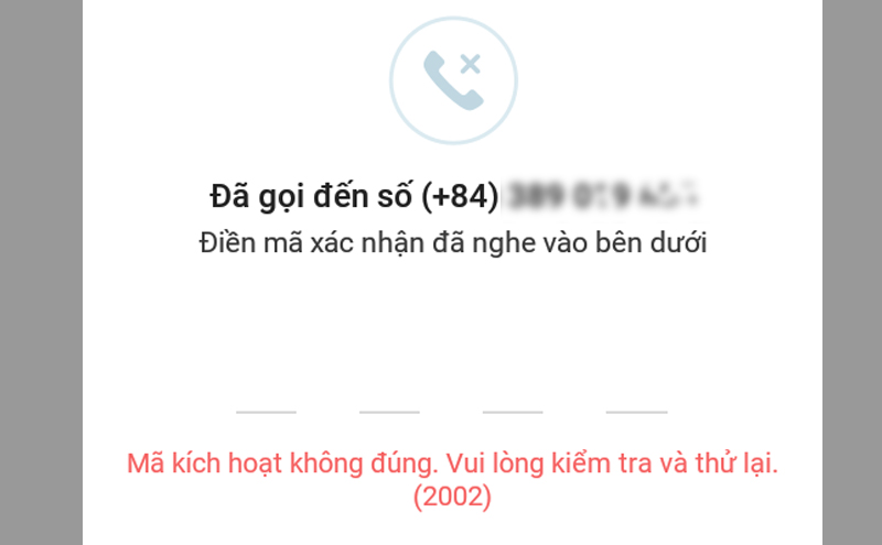 Thông báo mã kích hoạt không đúng