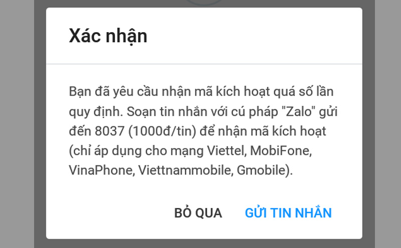 Cú pháp gửi tin nhắn để yêu cầu nhận lại mã kích hoạt