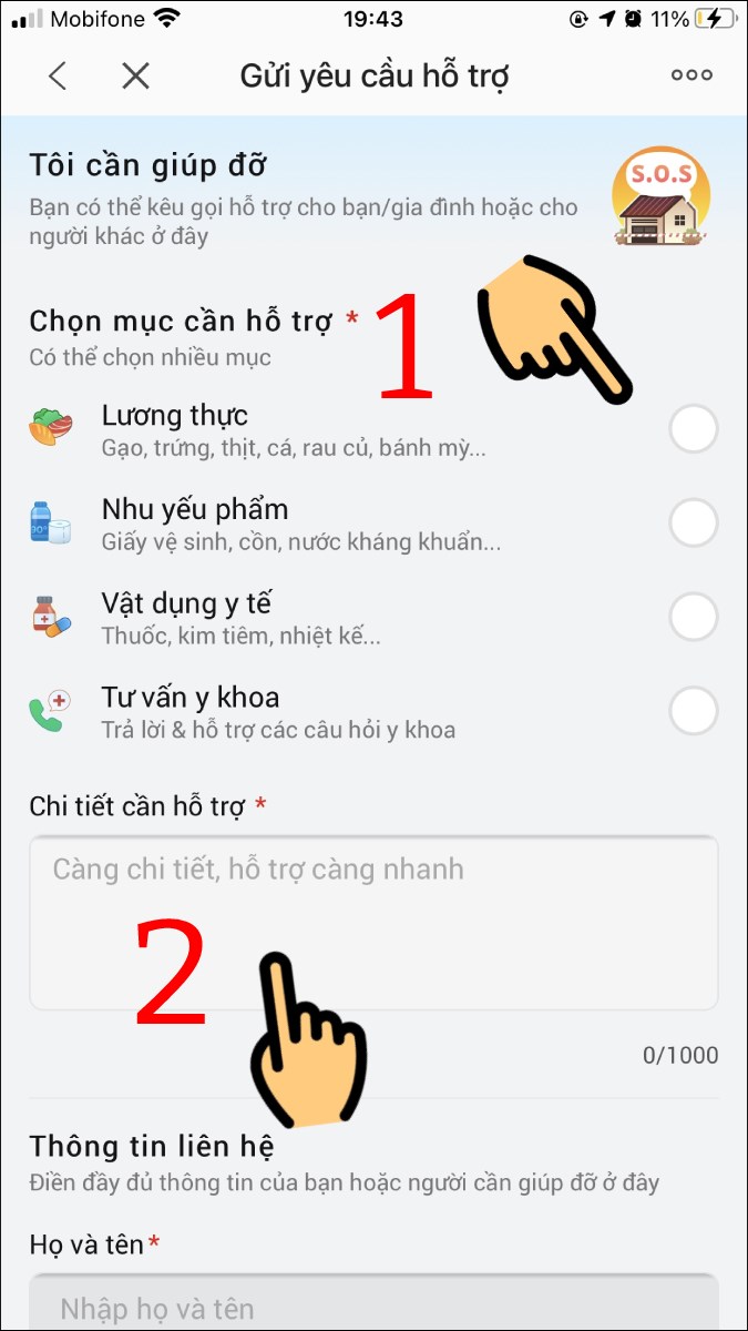 Tick chọn mục cần hỗ trợ và điền chi tiết cần hỗ trợ vào