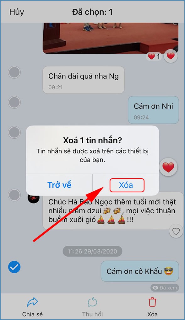 Xác nhận xóa tin nhắn Zalo đã chọn trên điện thoại