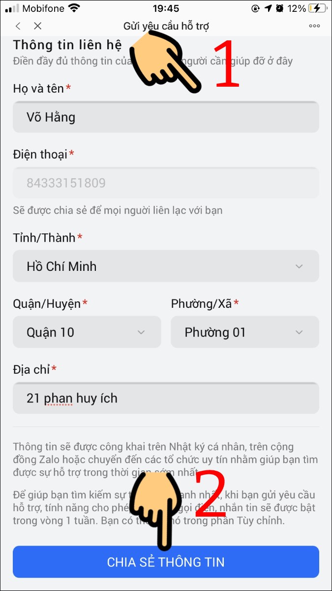 Nhập thông tin liên hệ và nhấn nút Chia sẻ thông tin