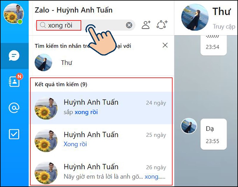 Nhập từ khoá tin nhắn cũ muốn tìm sau đó kéo tìm những tin nhắn cũ chứa từ khoá.