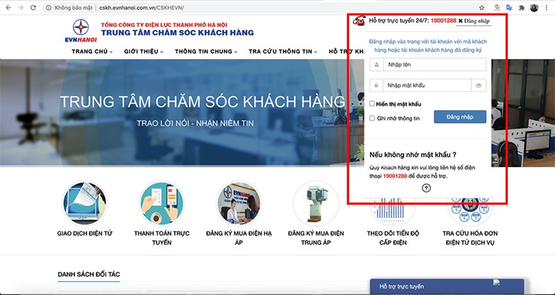 Truy cập vào website chăm sóc khách hàng của EVN theo nơi bạn đang sinh sống và đăng nhập bằng mã khách hàng 