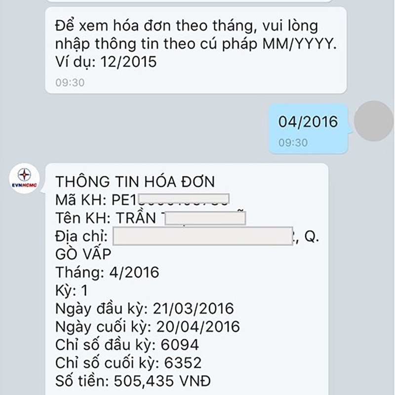 Để xem hóa đơn theo tháng, bạn hãy soạn tin nhắn theo cú pháp MM/YYYY.