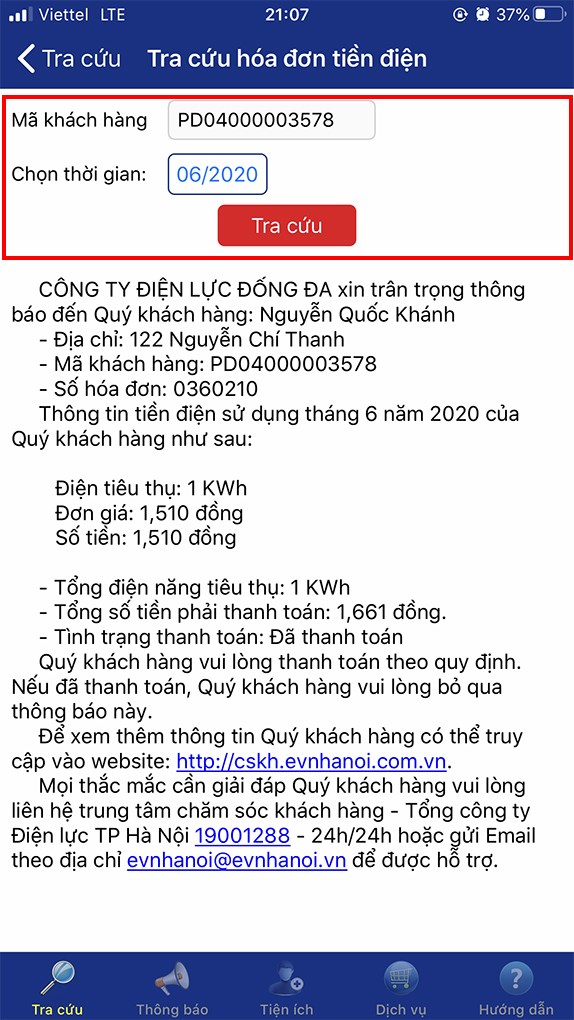 Nhập thời gian muốn tra cứu hoá đơn tiền điện và ấn “kiểm tra”