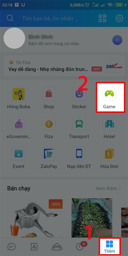 Tìm mục Game trên Zalo