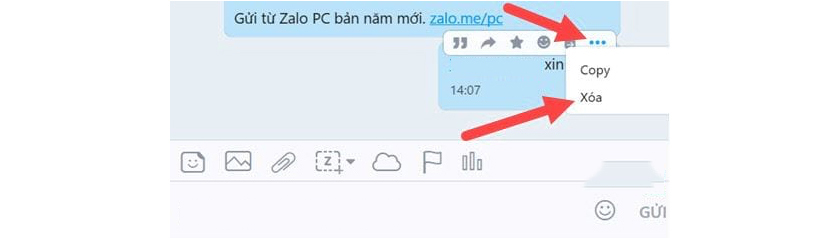 nhấn biểu tượng xoá ở mỗi dòng tin nhắn, cách xóa tin nhắn zalo vĩnh viễn cả 2 bên