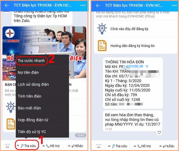 Tra cứu nhanh hóa đơn tiền điện qua Zalo