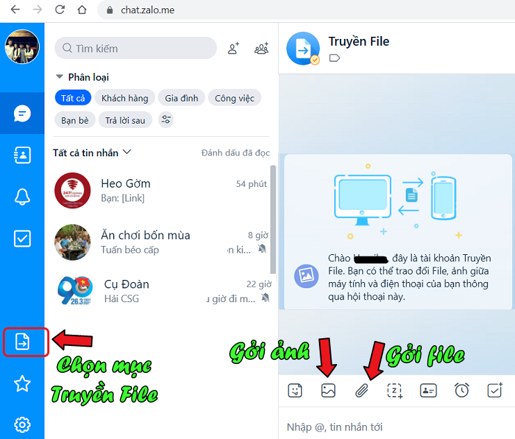 Cách truyền file trên Zalo