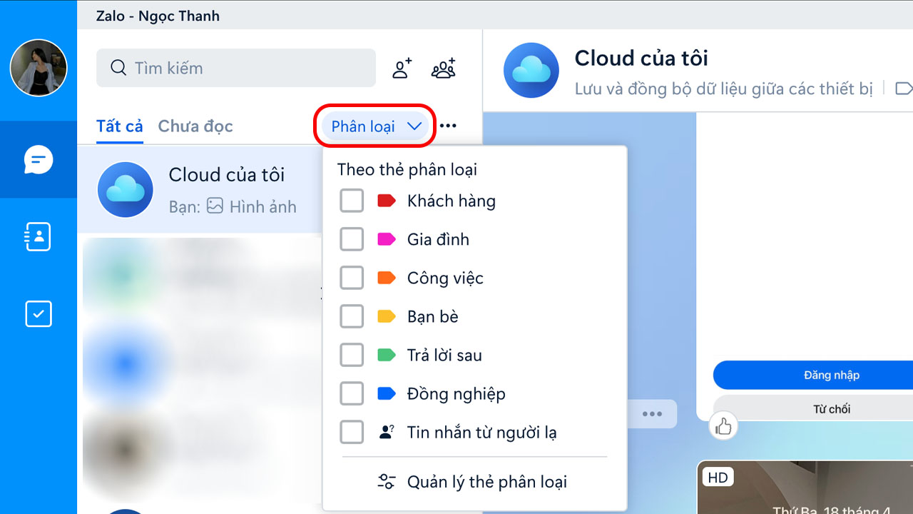 Cách sử dụng tính năng phân loại tin nhắn Zalo trên Macboo