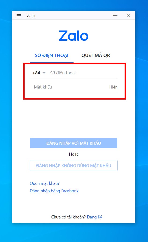 Nhập vào số điện thoại và mật khẩu tài khoản Zalo