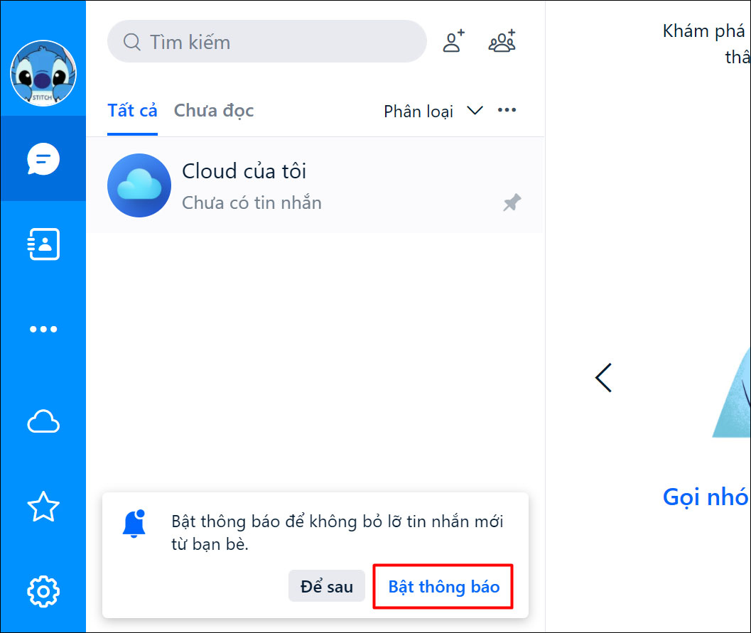 Bật thông báo cho Zalo web trên máy tính